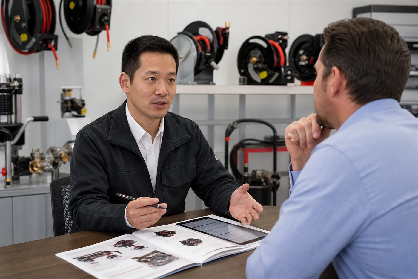 Promax sales engineer discussing product requirements with a customer