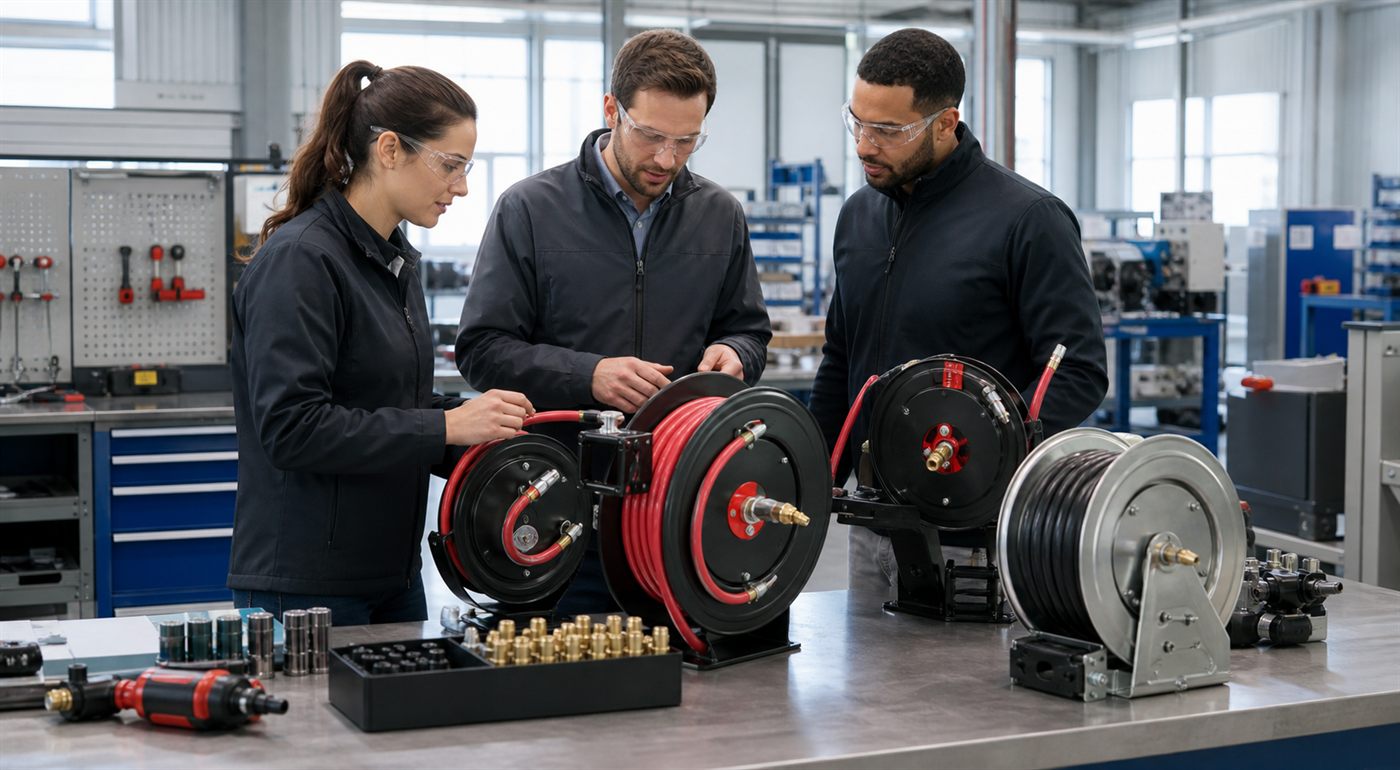 Promax manufacturing team inspecting hose reel equipment