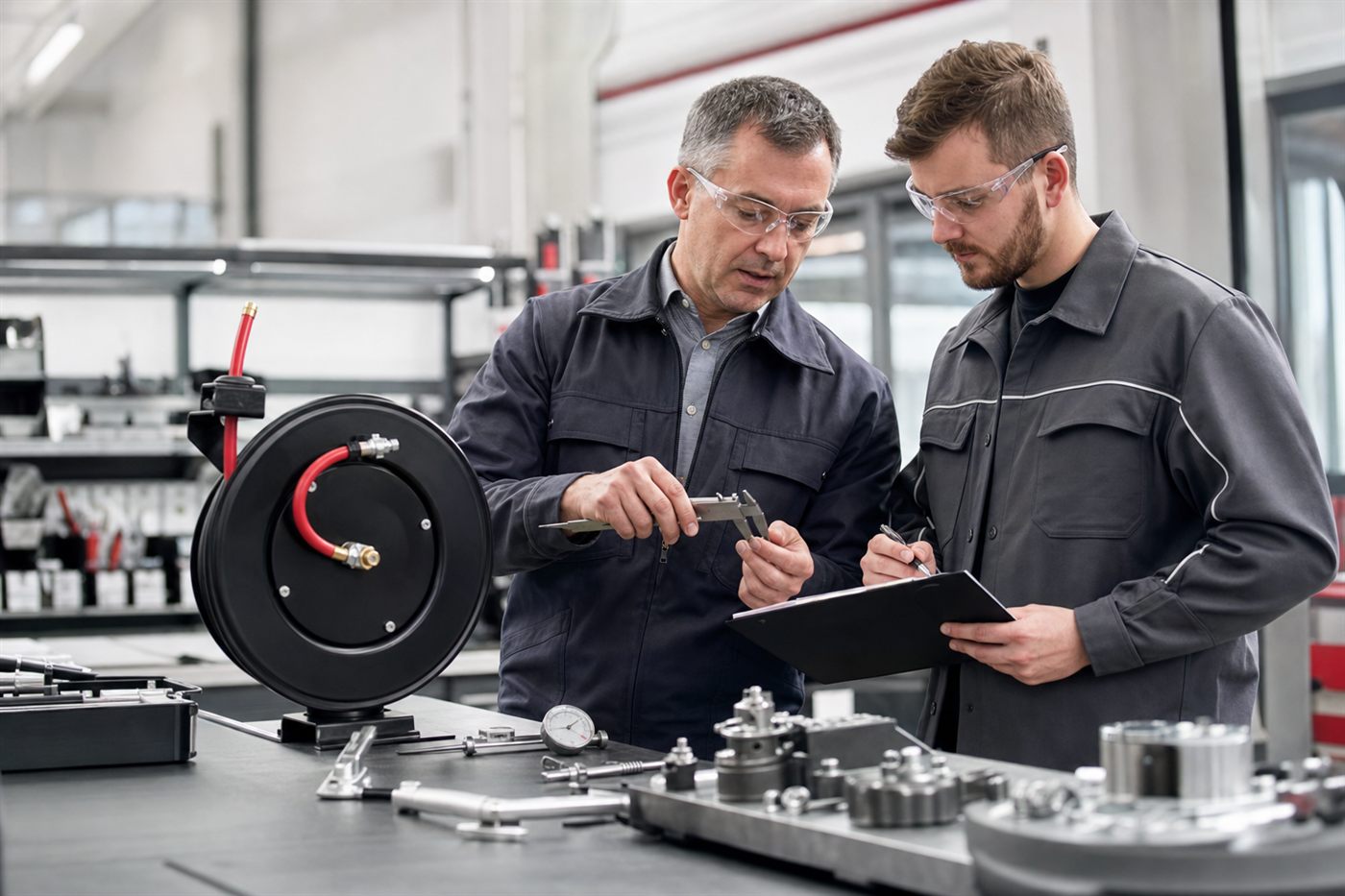 Promax engineers inspecting workshop equipment